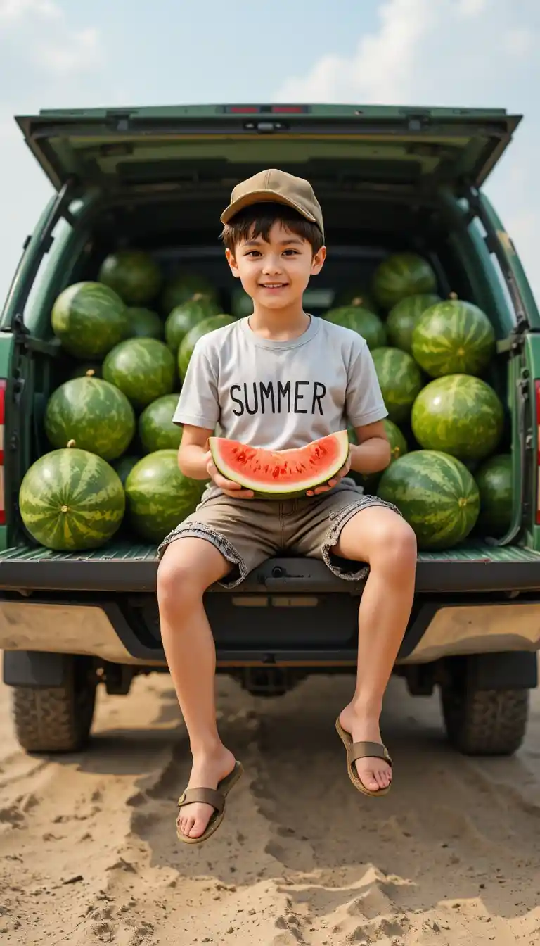 Boy eating watermelon on pickup truck by farm field