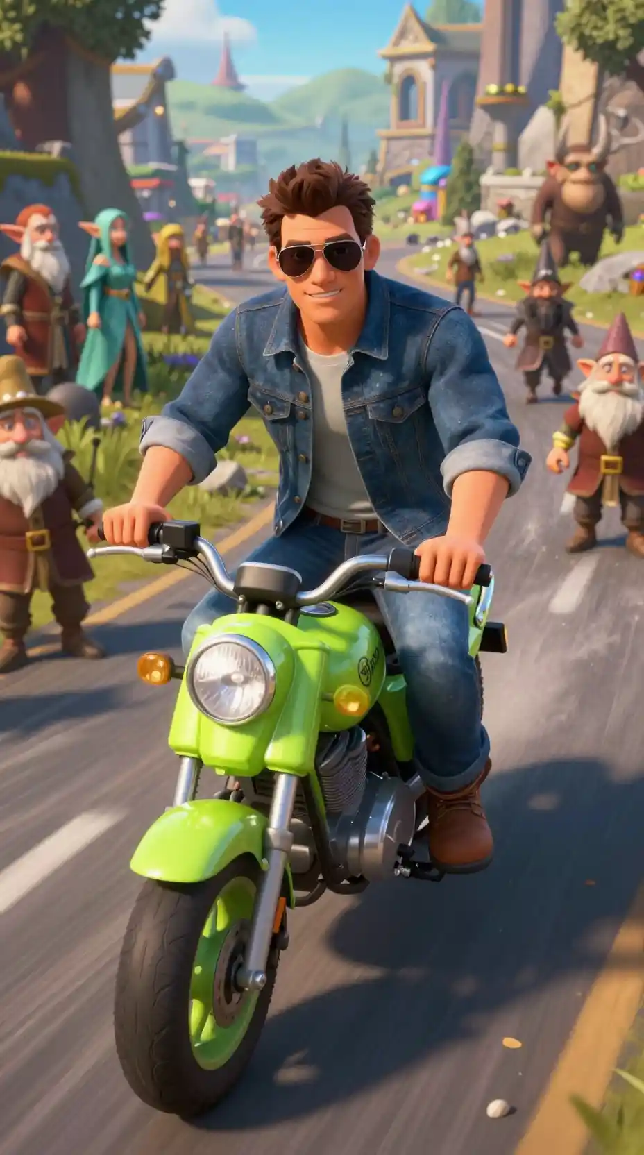 Charismatic man riding green scooter in a fantasy city street
