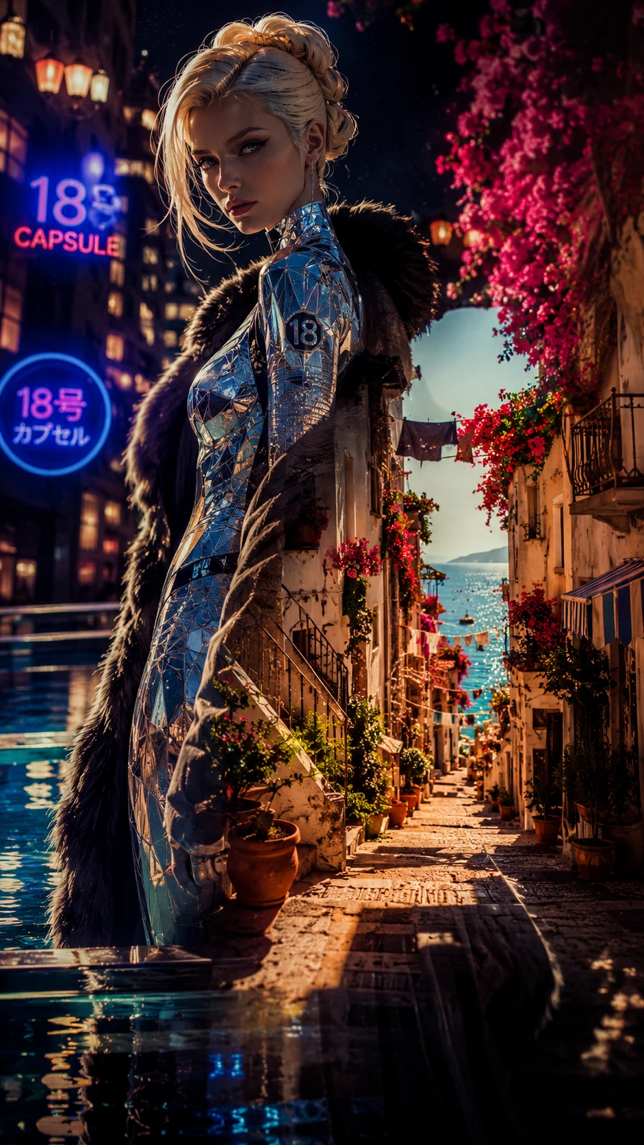 Futuristic woman by a pool in an Italian courtyard