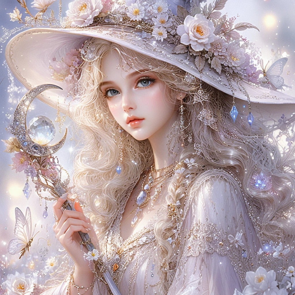 Ethereal white witch with floral hat in soft pearly tones
