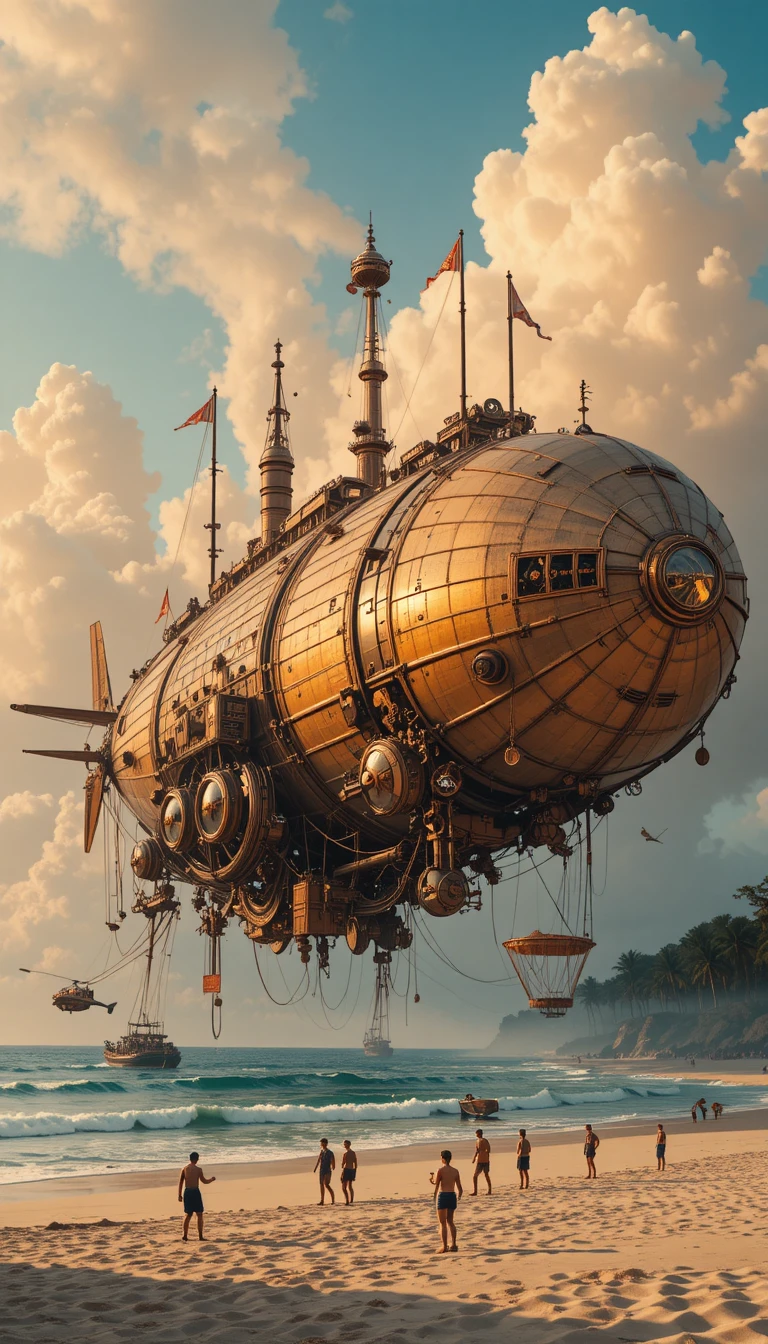 Steampunk airship soaring above a quiet tropical beach