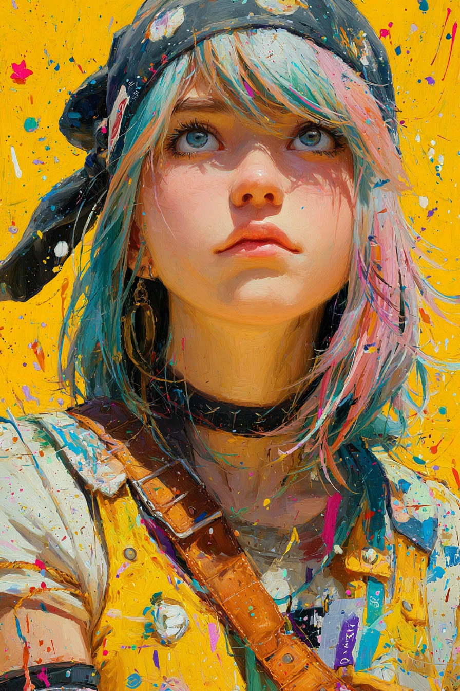 Ethereal summerpunk woman in a radiant urban watercolor scene