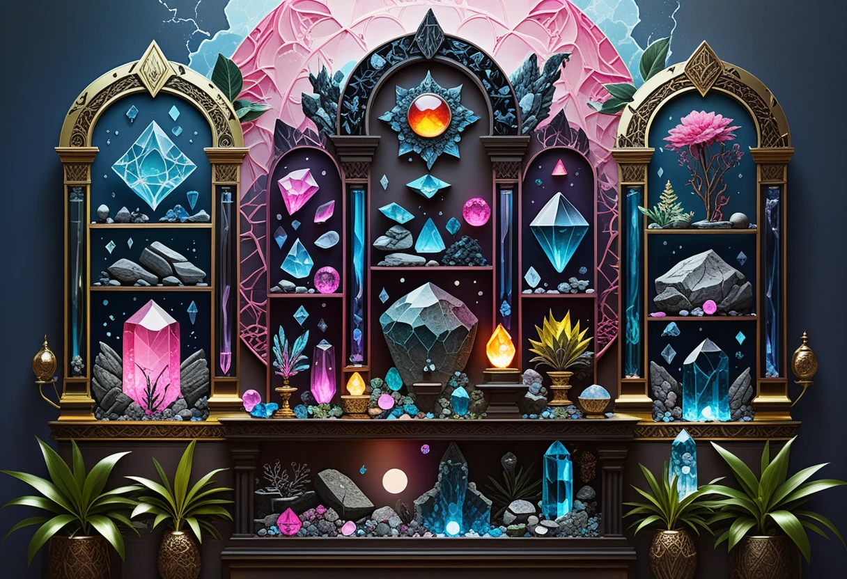 Mystical crystal relics in neon line art display