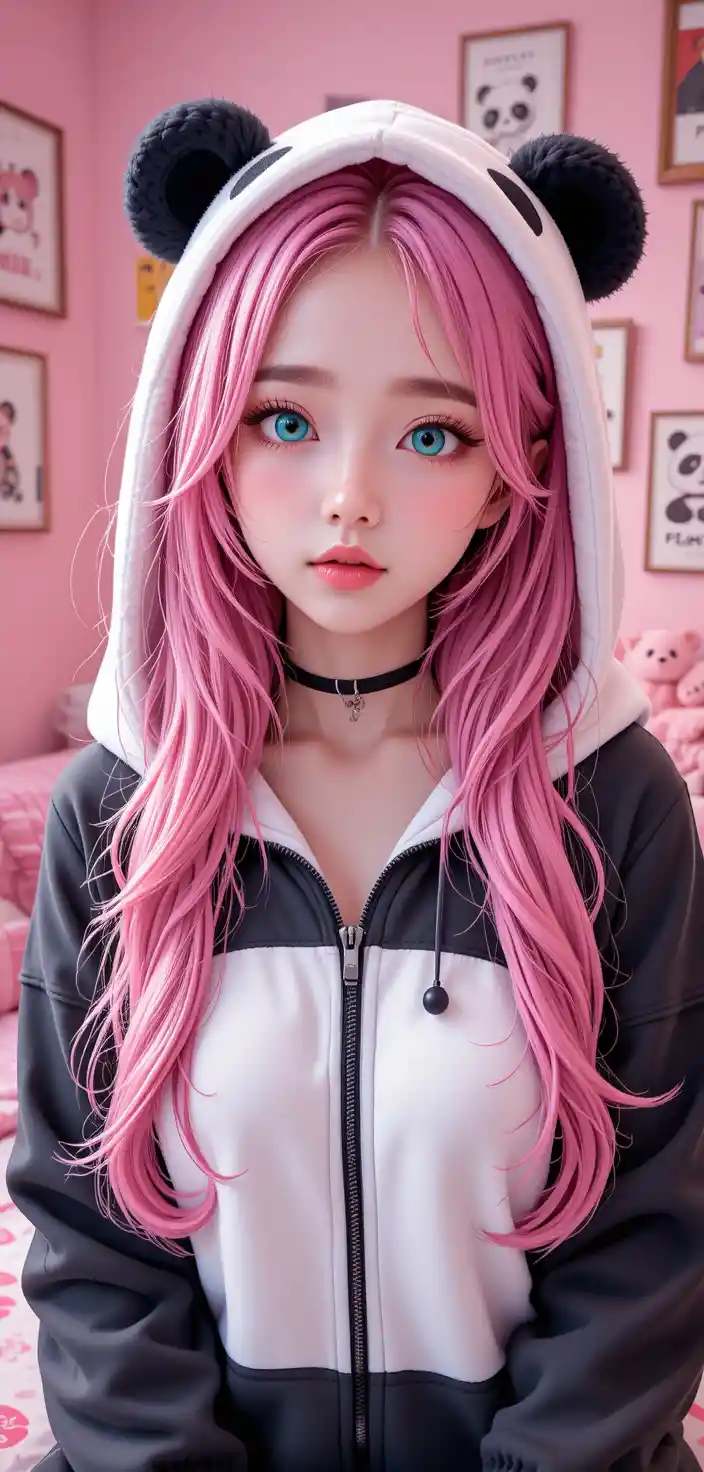 パンダパーカーのアニメ少女がいるかわいいオタク部屋