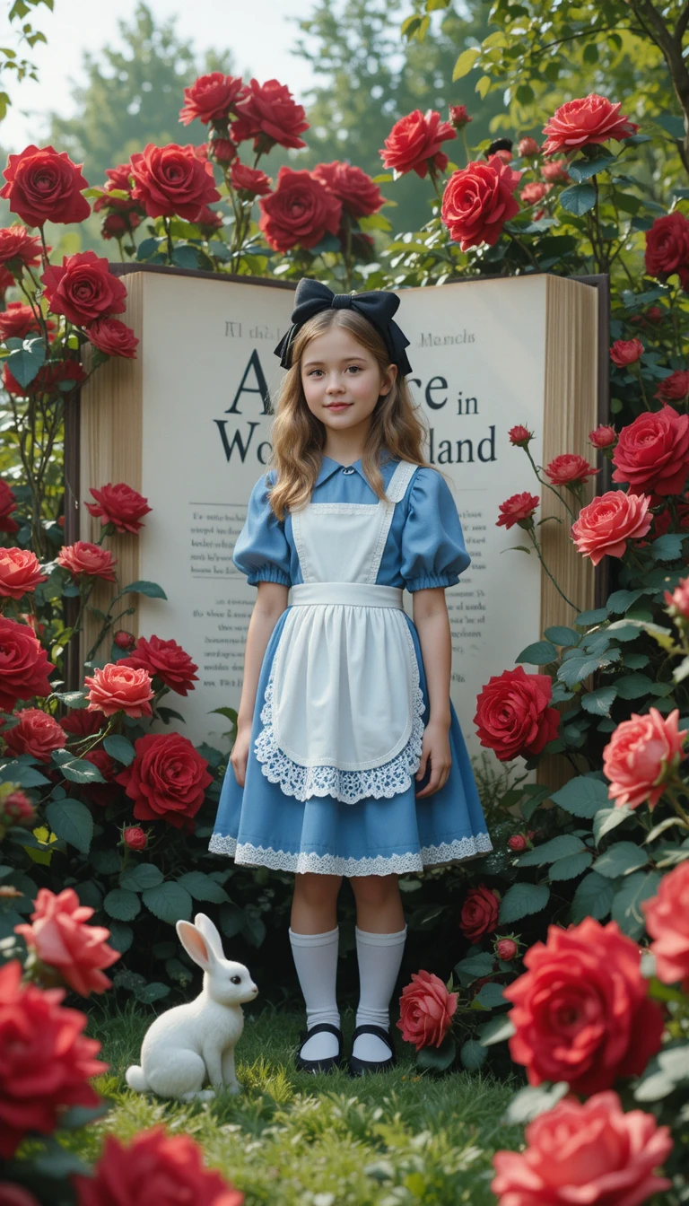 Girl in blue dress in a whimsical summer garden