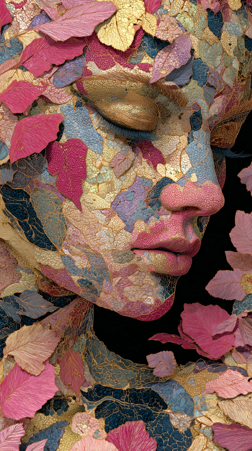 Surreal illustration of a woman in a floral mosaic design