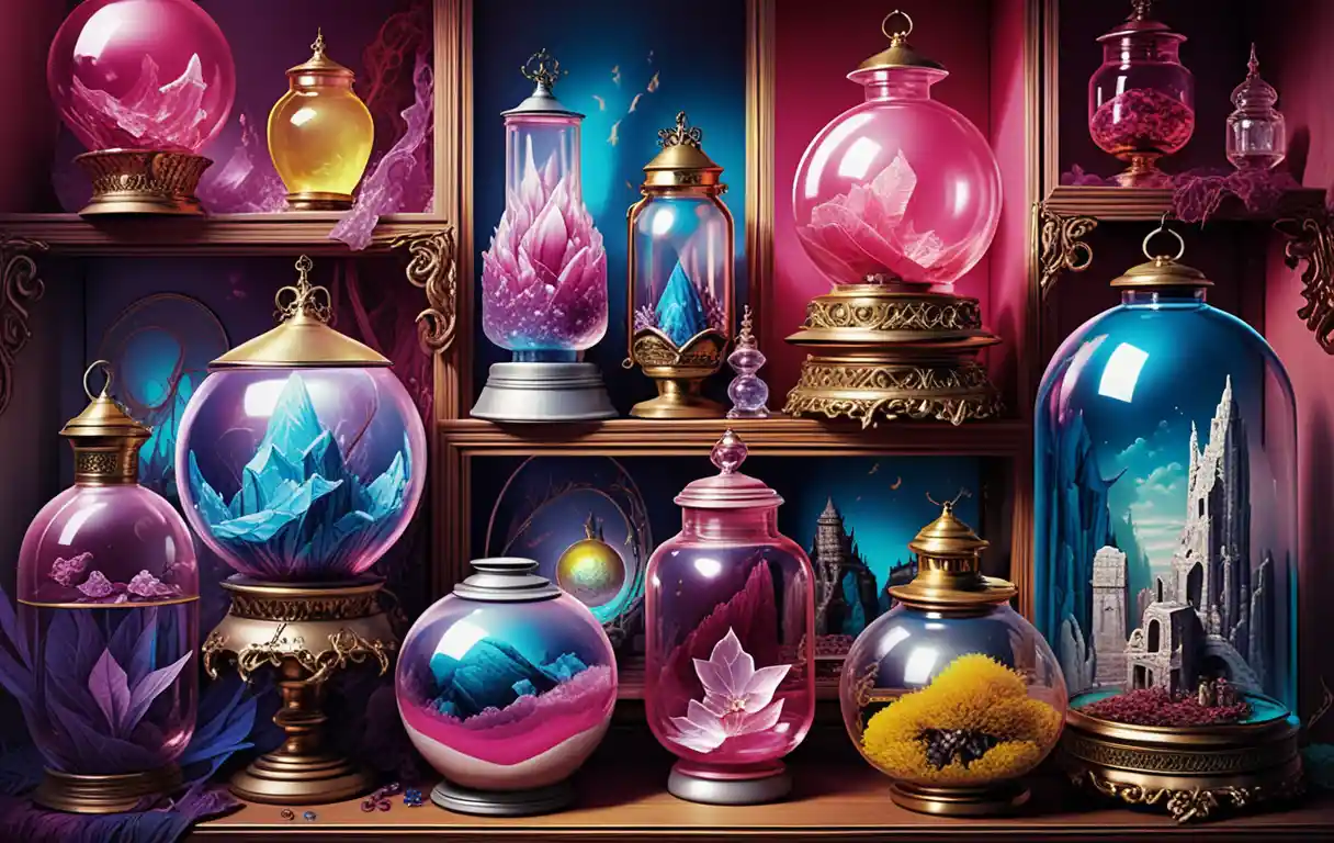 Mystical apothecary shop aglow with neon glass lanterns