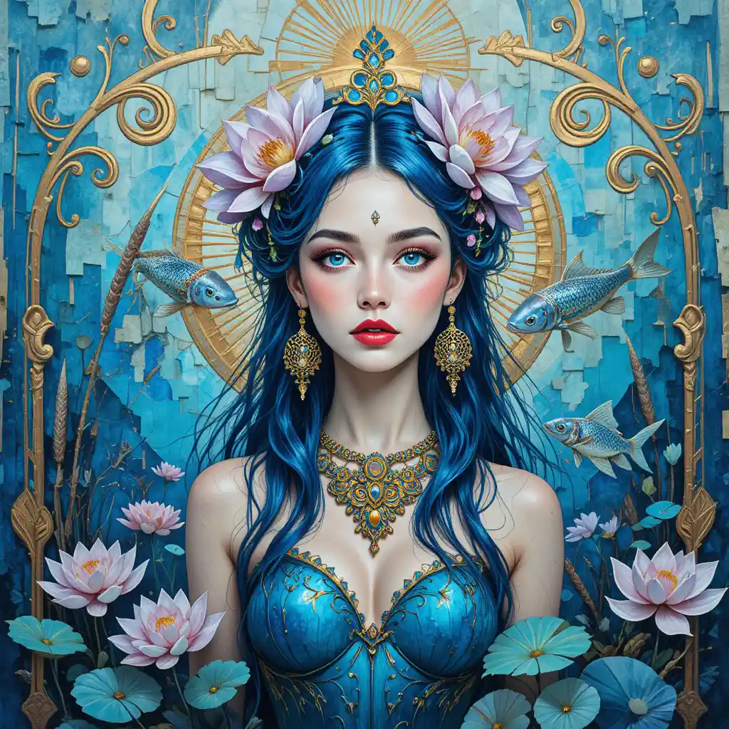 Mermaid goddess portrait in blue underwater collage painting