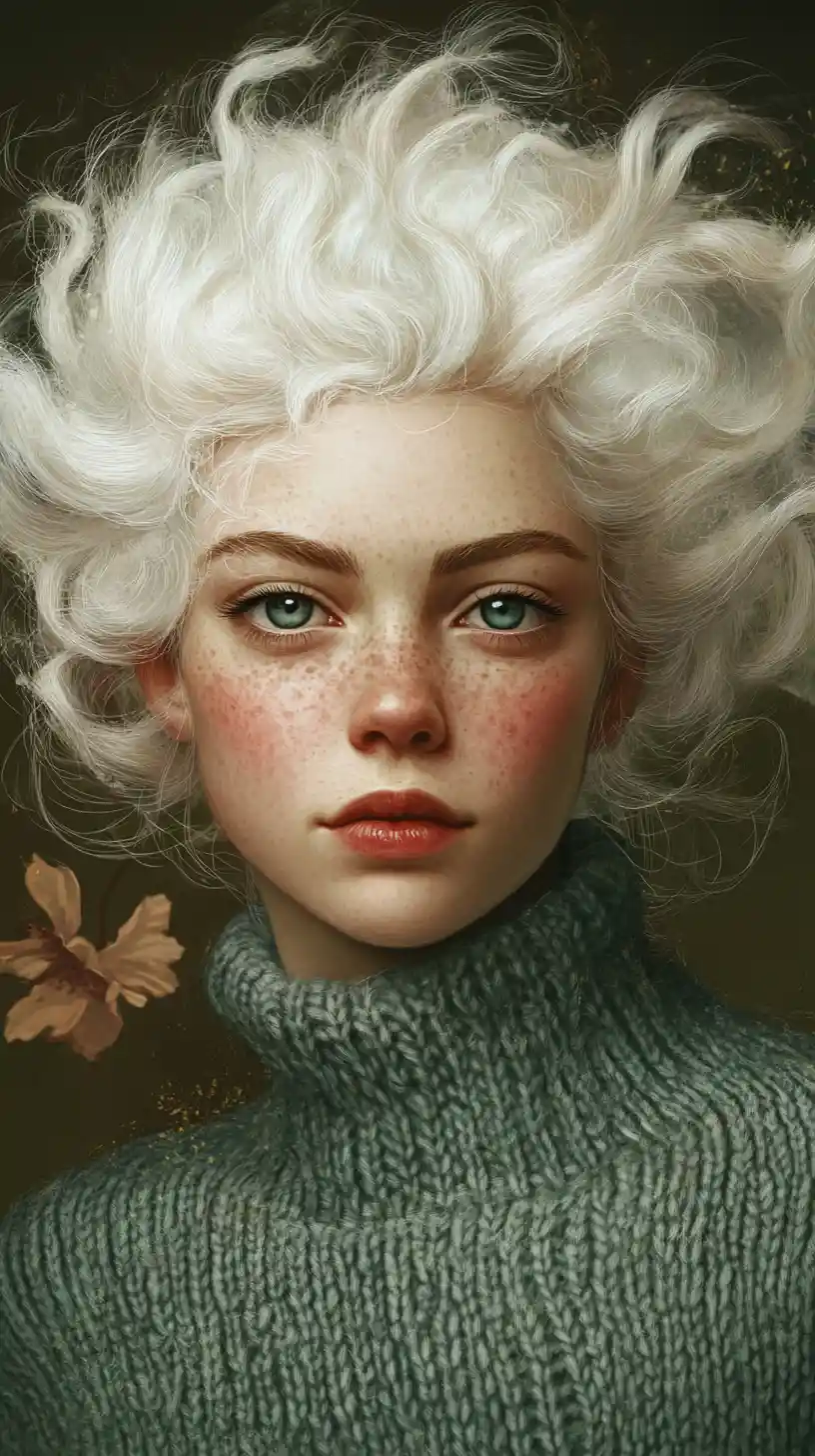 Thoughtful woman with cloudlike white hair and red bow