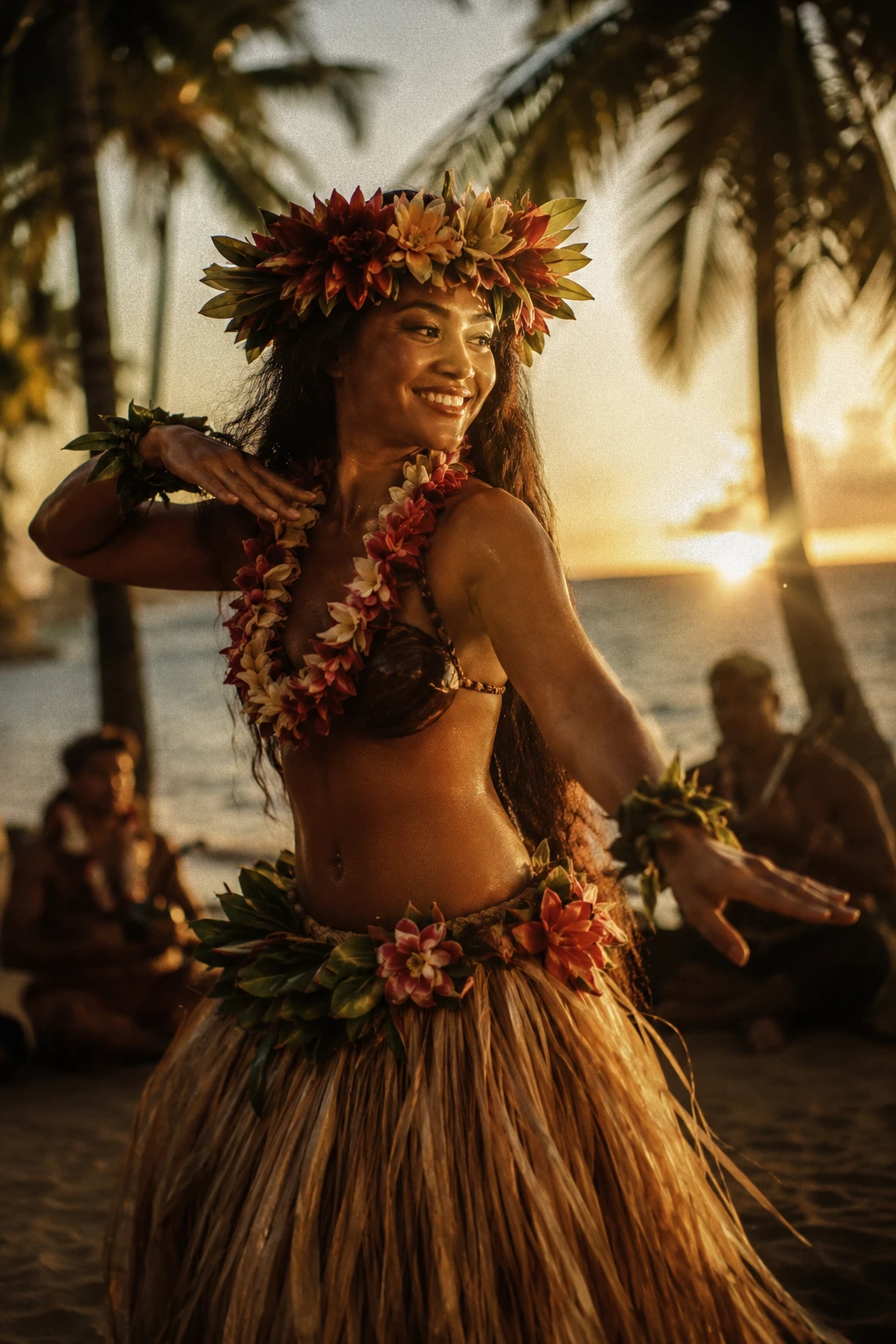 Bailarina de hula hawaiana sonriendo en una playa tropical soleada