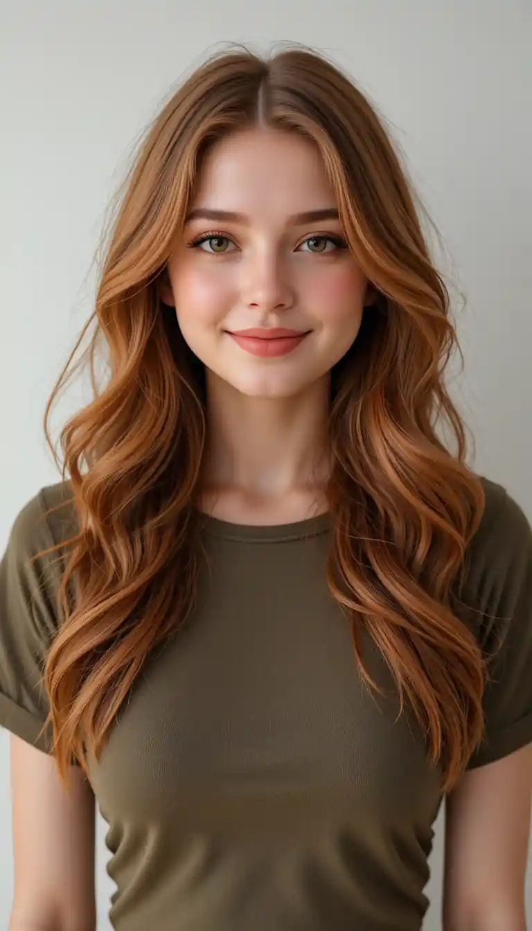 Playful girl with long wavy auburn hair and gentle smile
