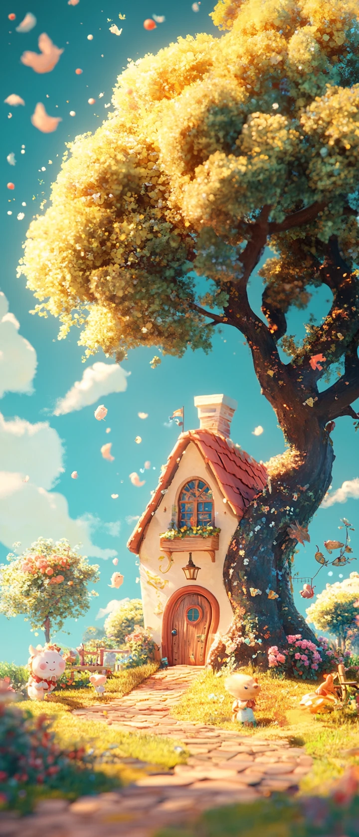 Whimsical childrens illustration in bright pastel anime style