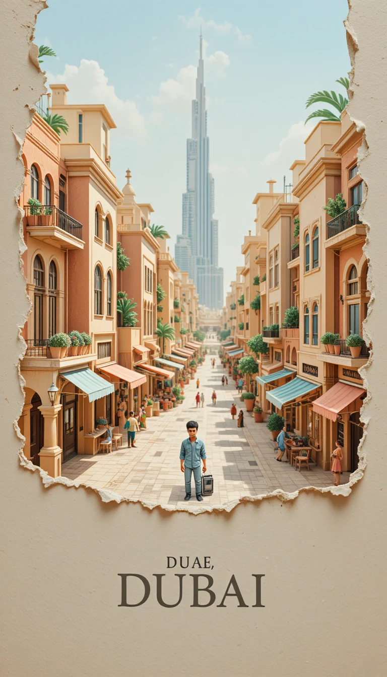 Dubai paper diorama of a warm urban street scene