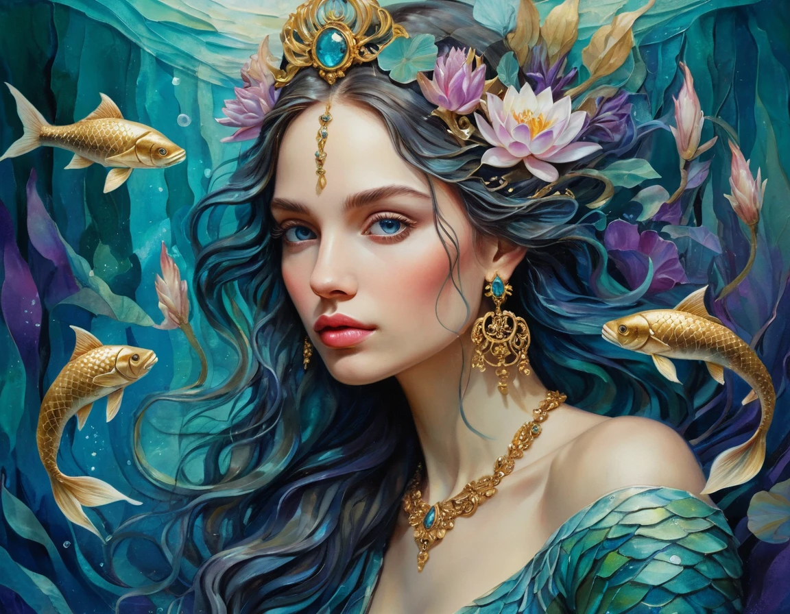 Mystical mermaid goddess portrait in blue underwater collage