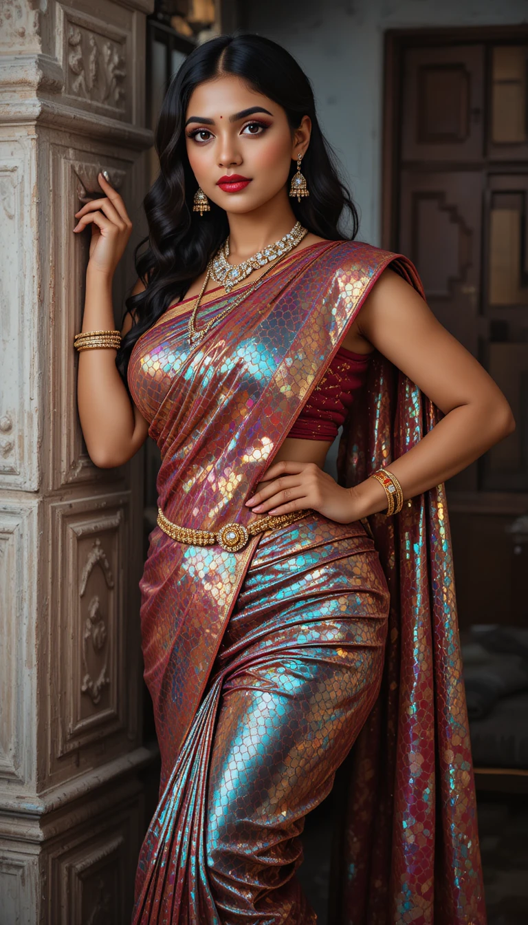 Tamil woman in glossy mirror saree leaning indoors
