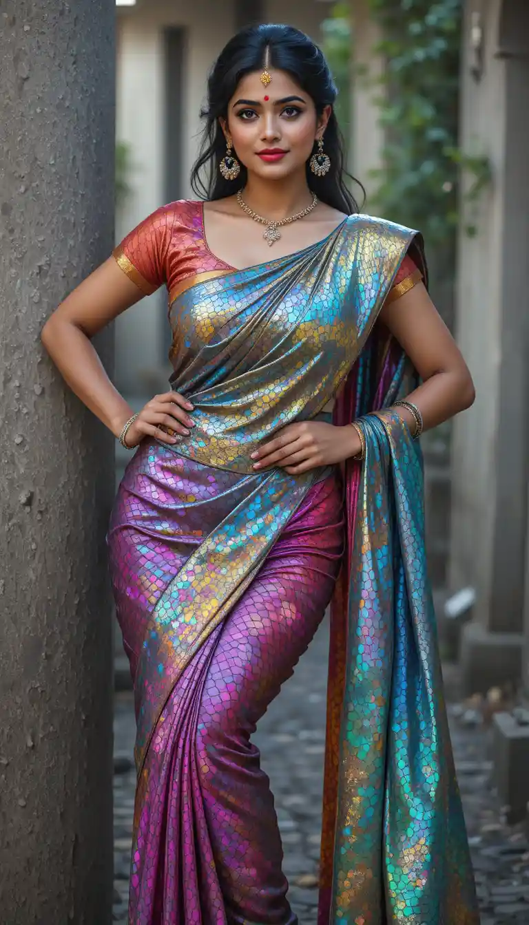 Glamorous Indian woman in reflective saree leaning and posing