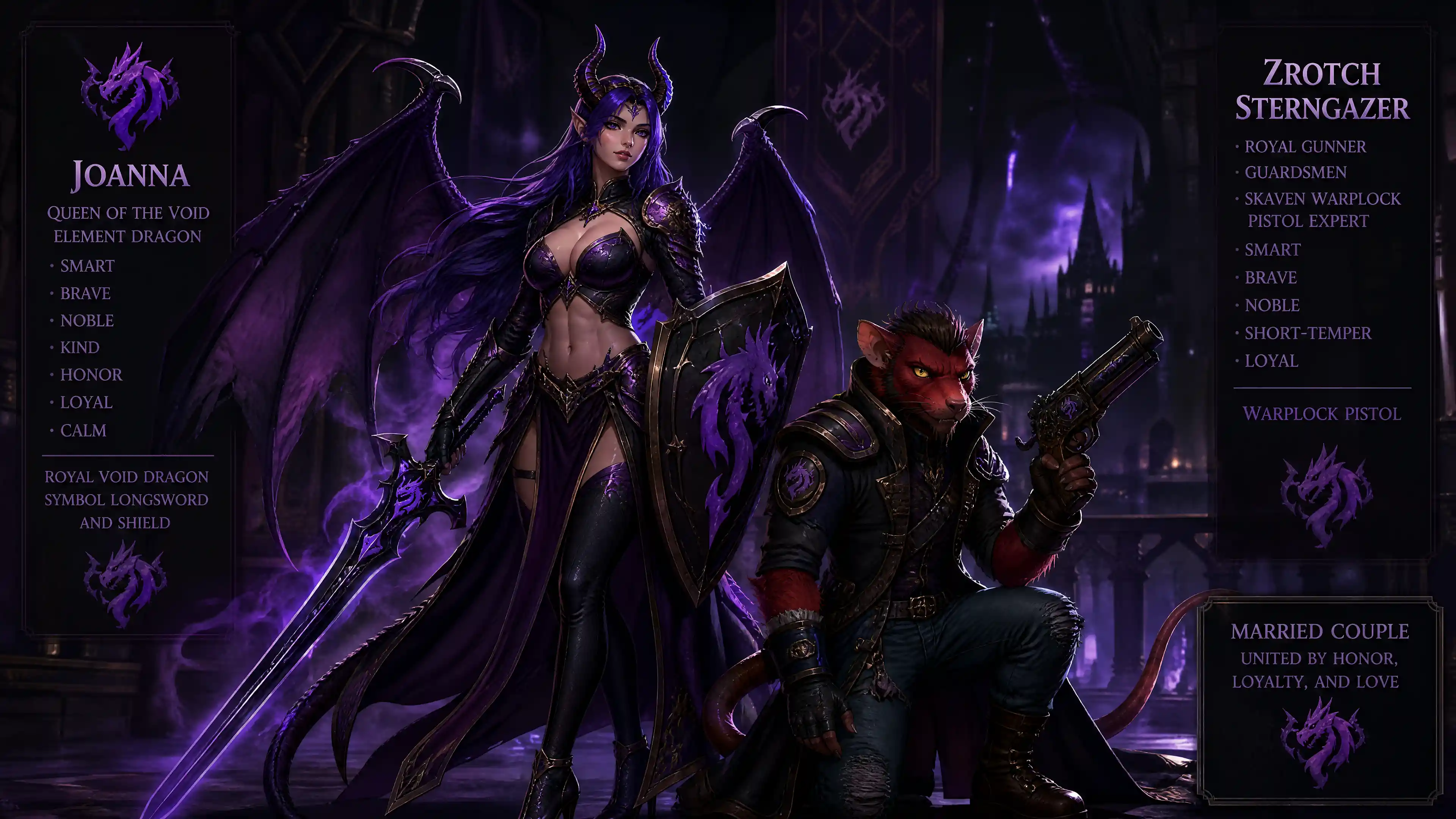 Void dragon queen with horns wings and royal armor