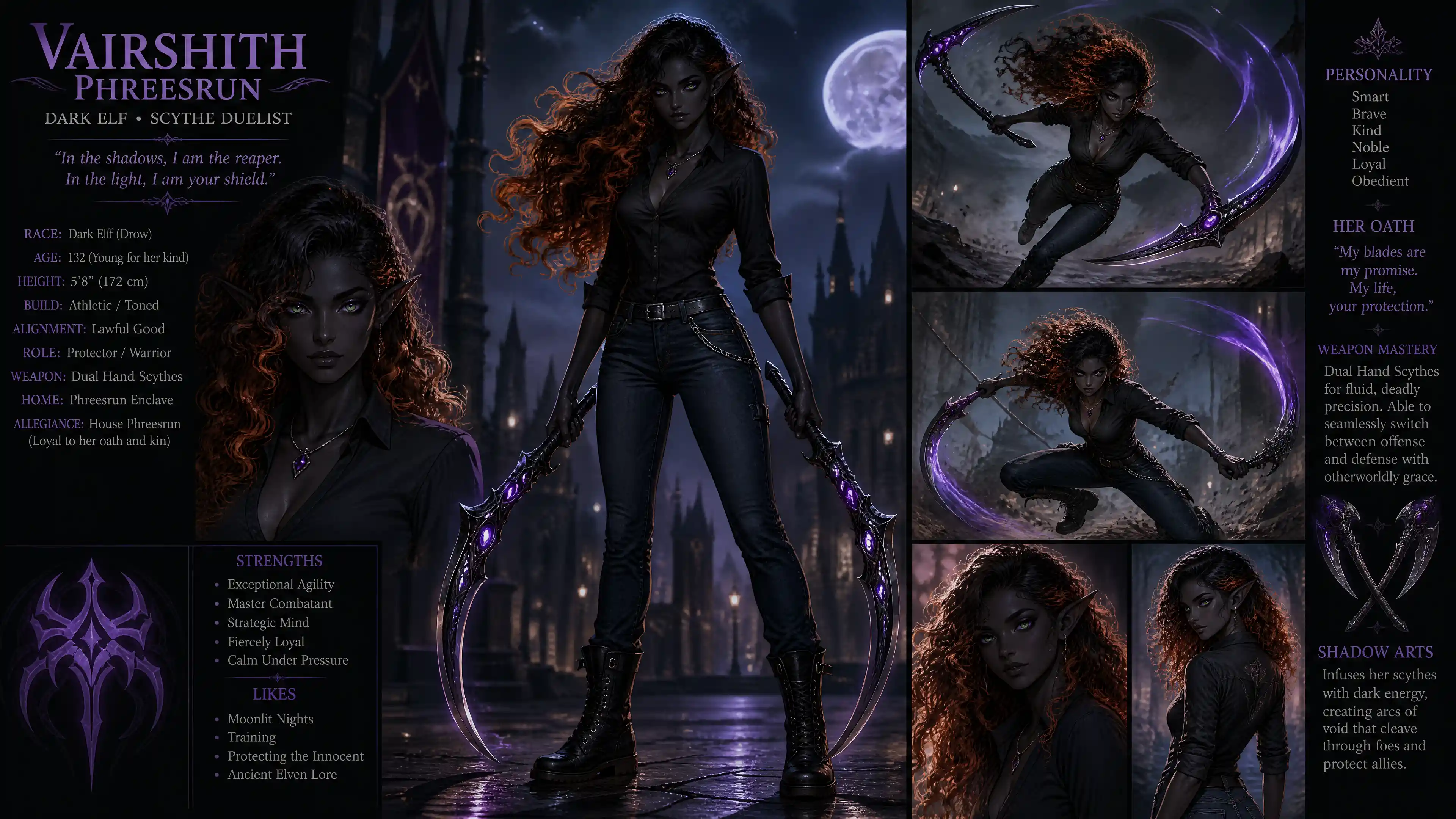 Dark elf woman with dual hand scythes in casual clothes