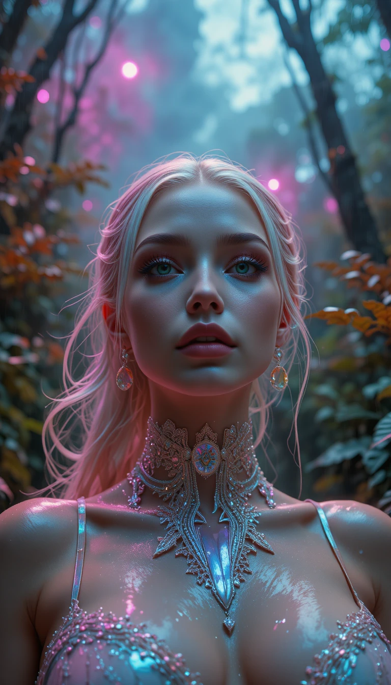 Sensual cinematic close up of woman in futuristic jungle