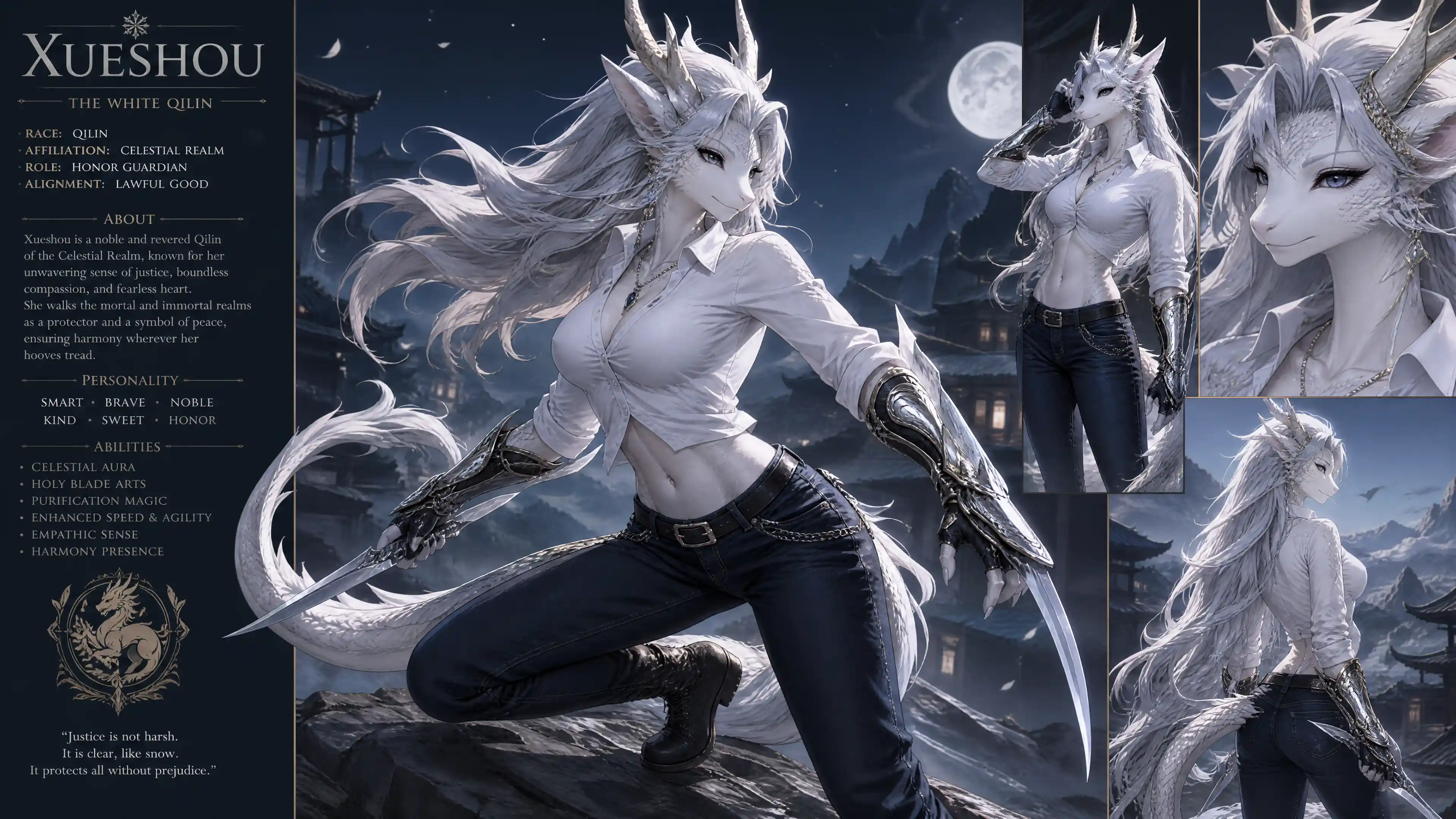 Noble qilin woman with silver hair and blade gauntlets