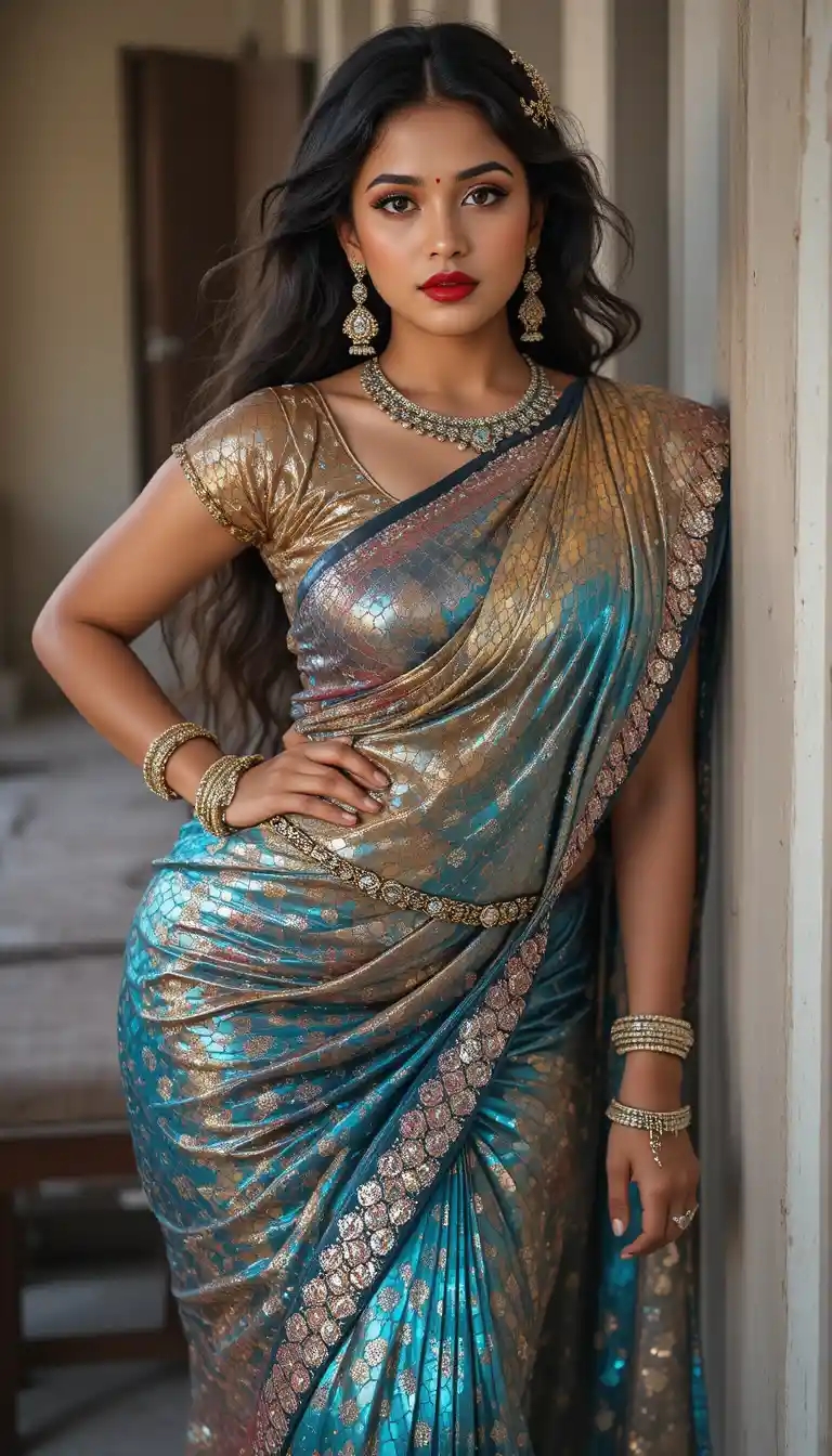 Indian woman in glossy saree bending gracefully indoors