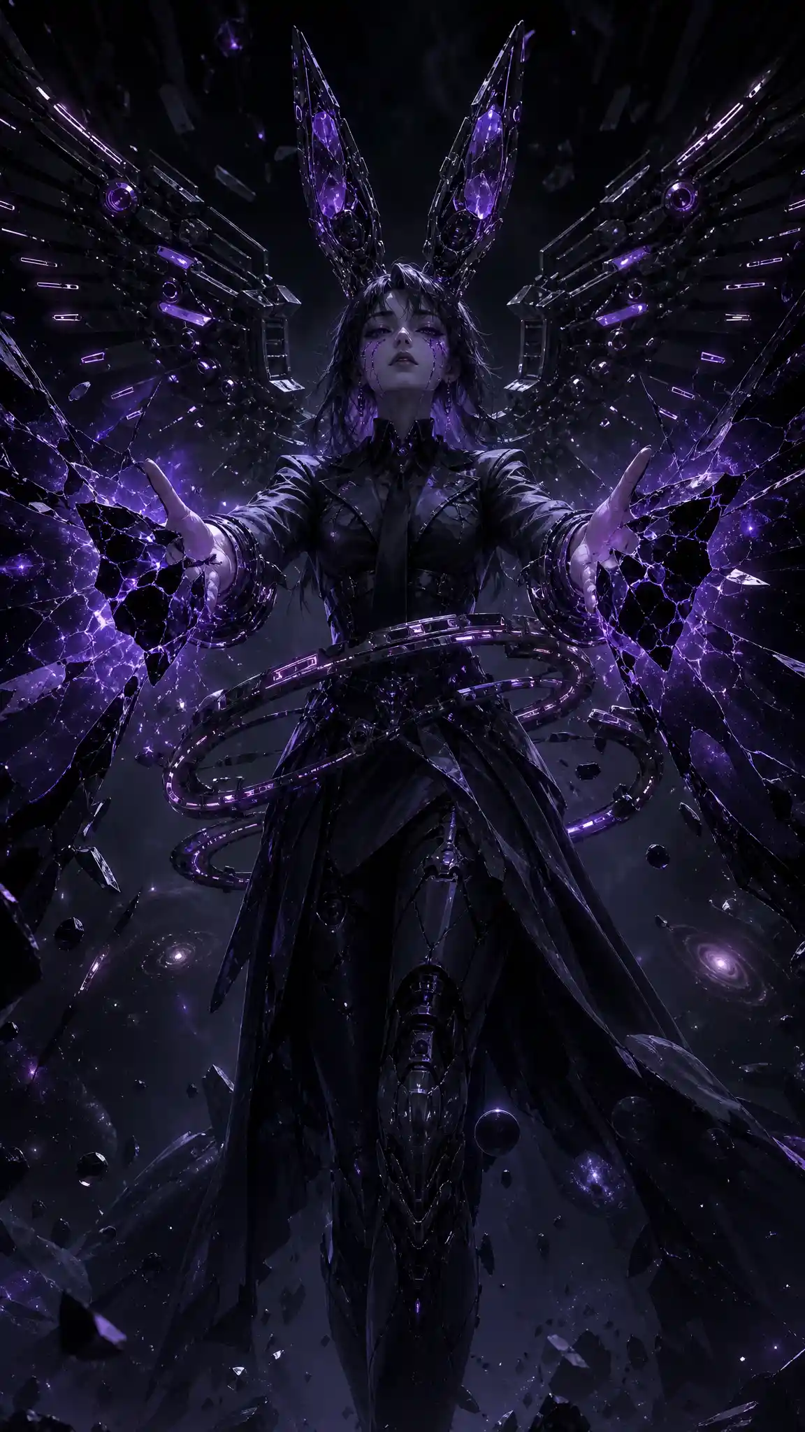Cybernetic woman standing in the dark interdimensional void