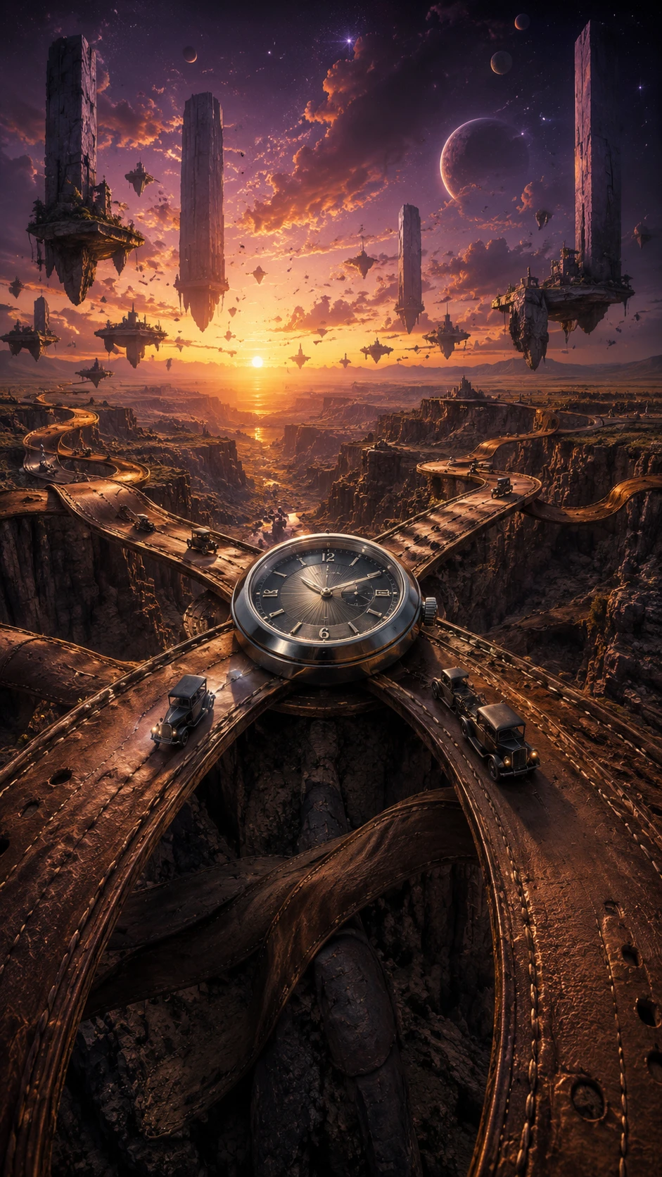 Cañón surreal de correas de reloj serpenteantes al atardecer