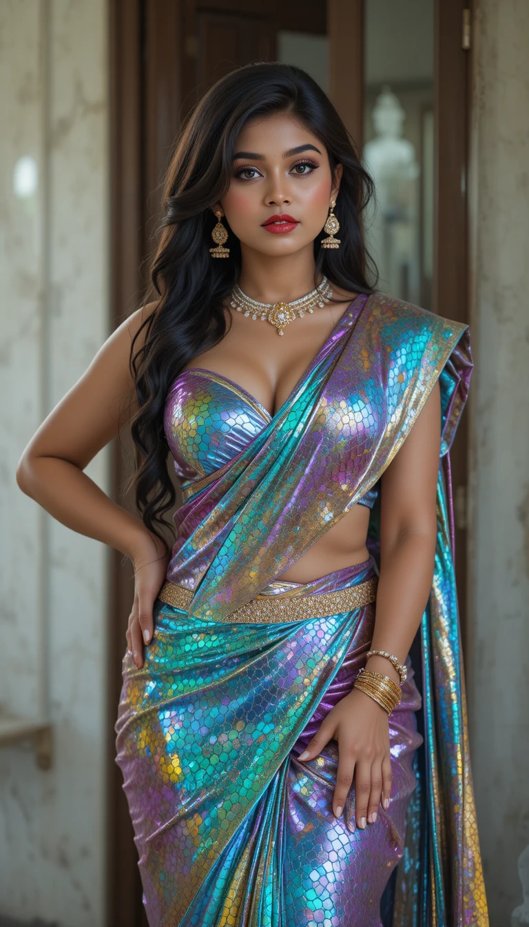 Indian woman in glossy mirror saree bending at the waist