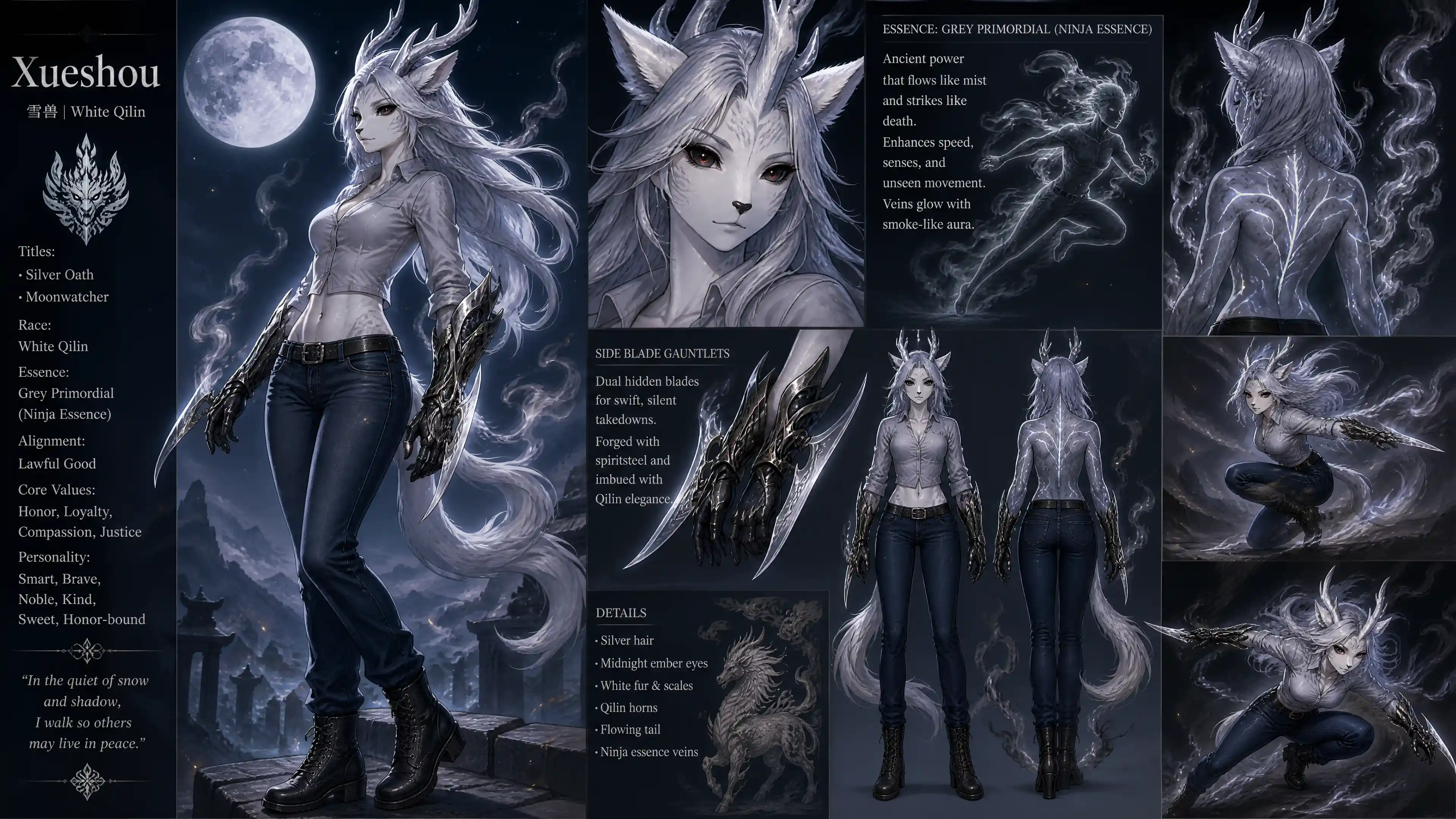 Fantasy qilin woman in casual clothes with blade gauntlets