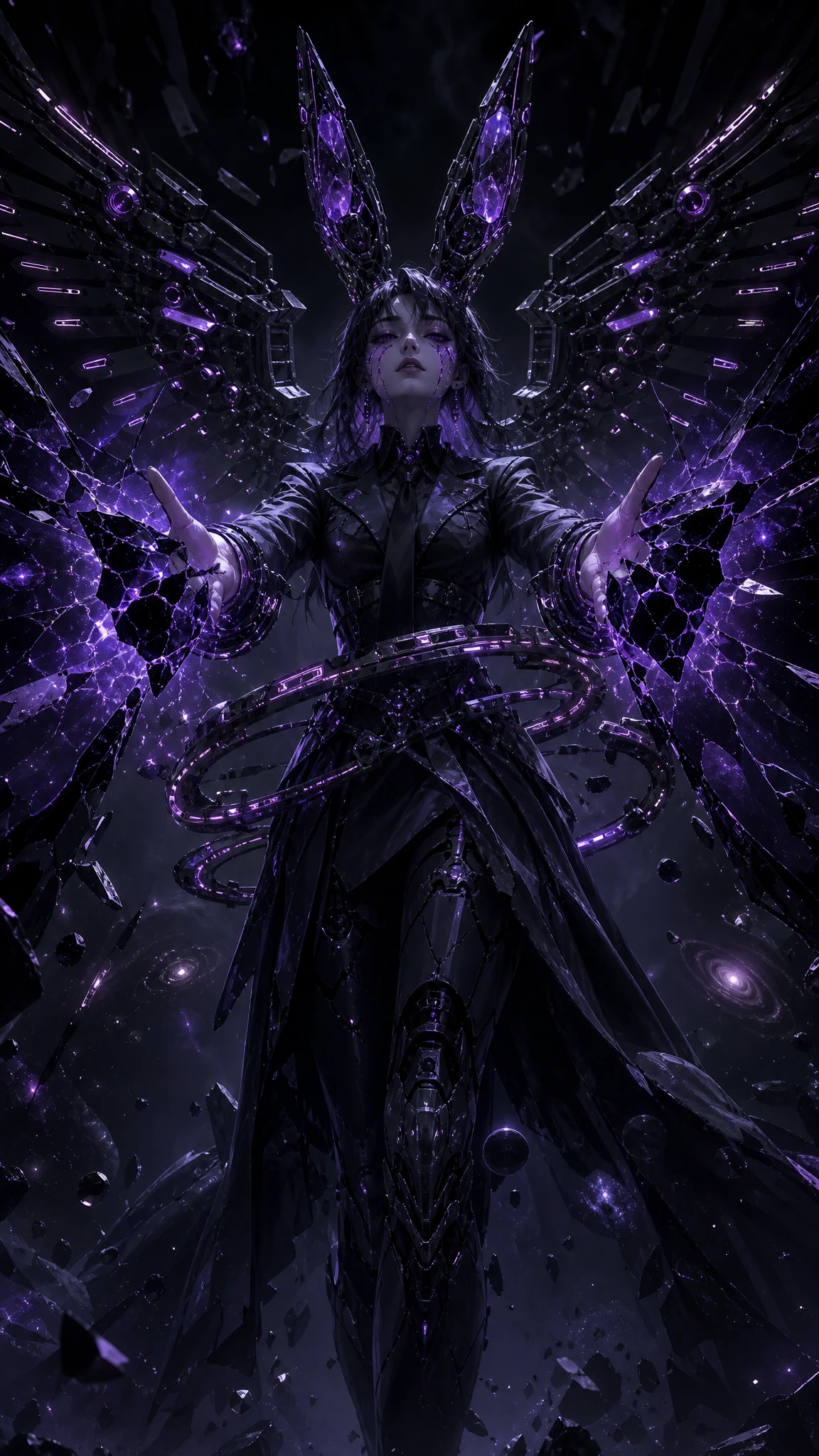Cybernetic woman standing in the dark interdimensional void