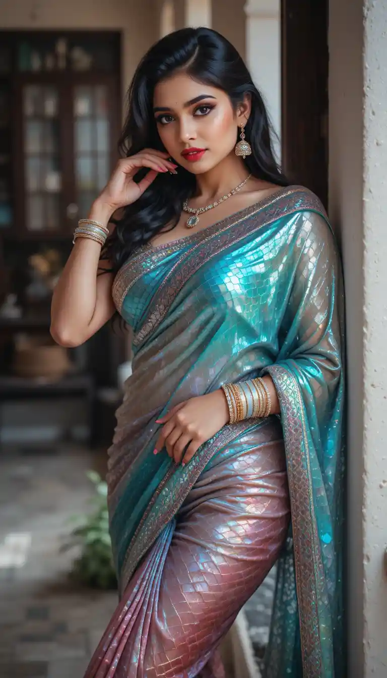 Curvy Indian woman in colorful saree standing in traditional house