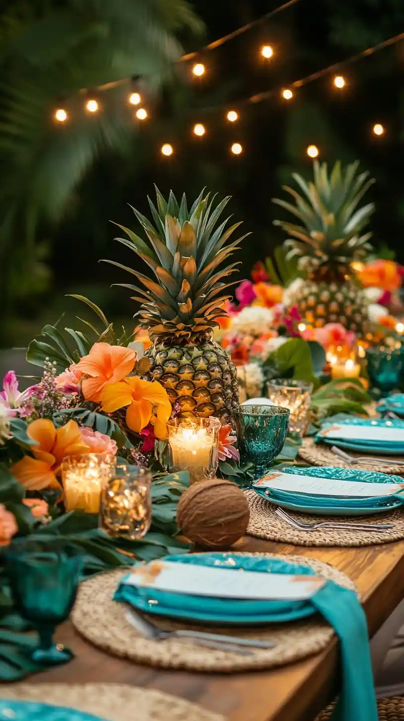 Tropical island farewell dinner table at golden hour