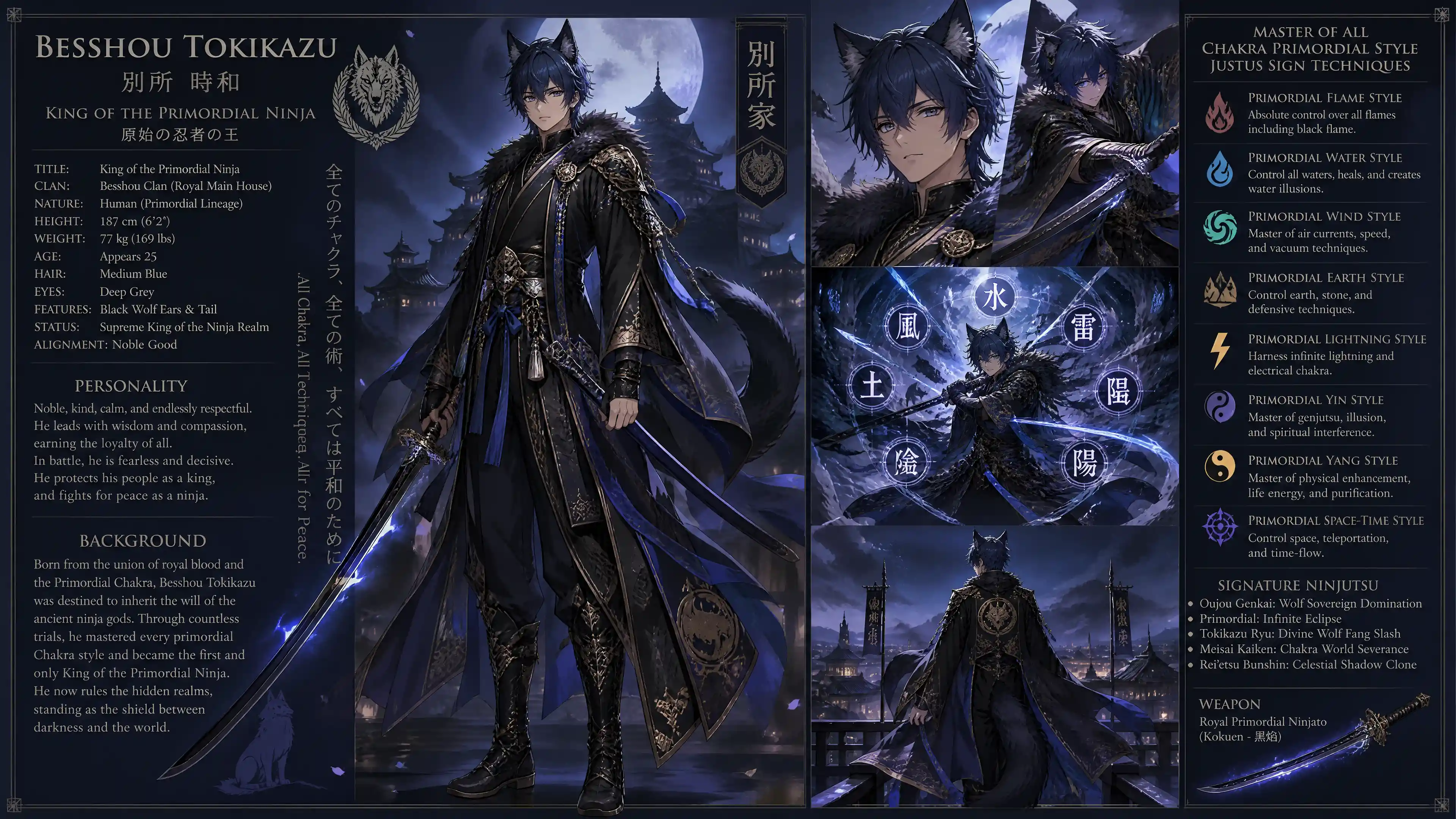 Blue haired ninja king with black wolf ears and tail