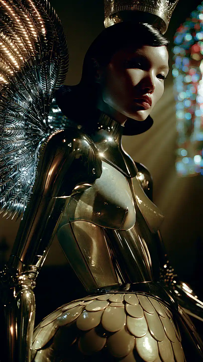 Cyber angel fashion model in futuristic cathedral light