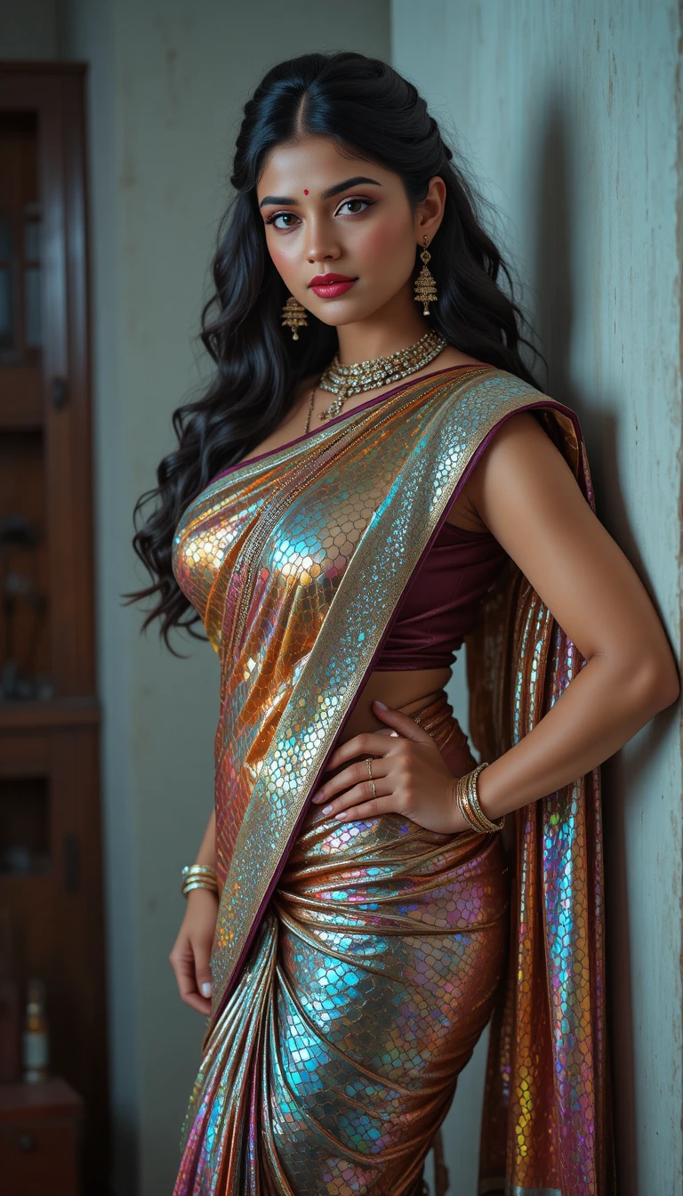 Indian woman in glossy mirror saree with wedding jewelry