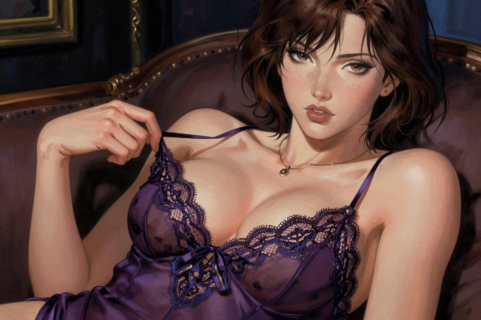 Sensual close up of woman in lace nightie on sofa