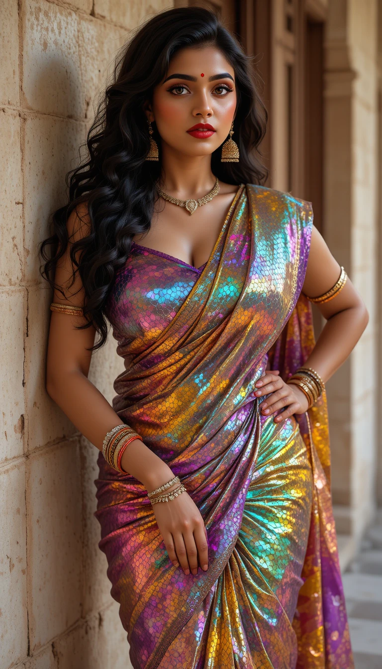 Indian woman in glossy mirror saree posing indoors
