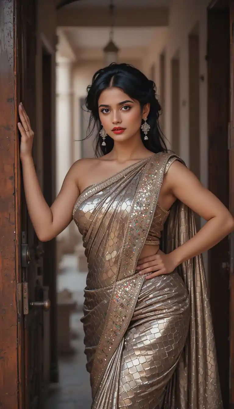 Tamil woman in glossy saree leaning by wooden doorway
