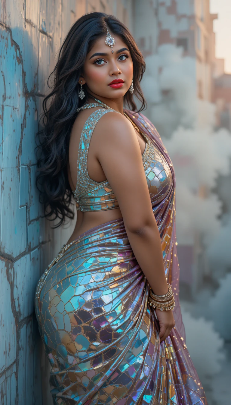 Tamil woman in glossy mirror saree with soft glowing light