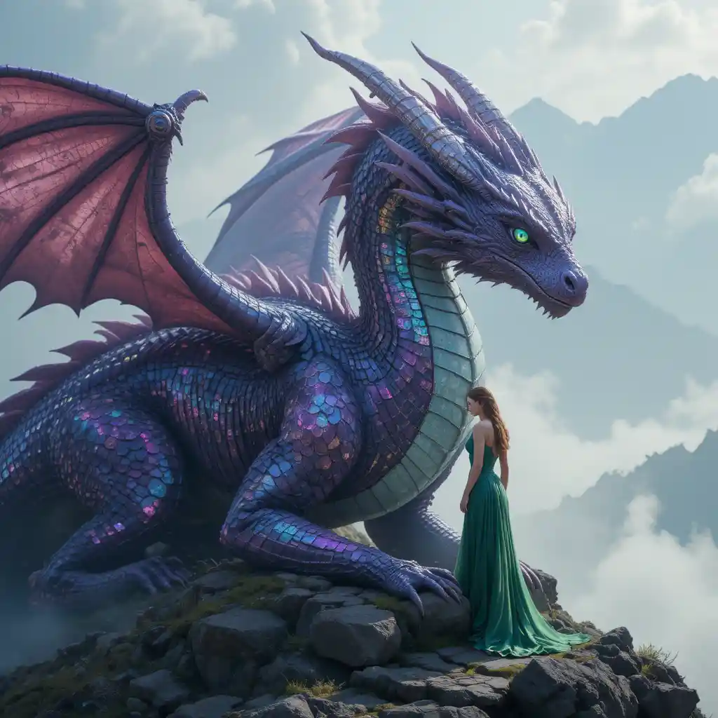 Majestic dragon on misty mountain with serene woman