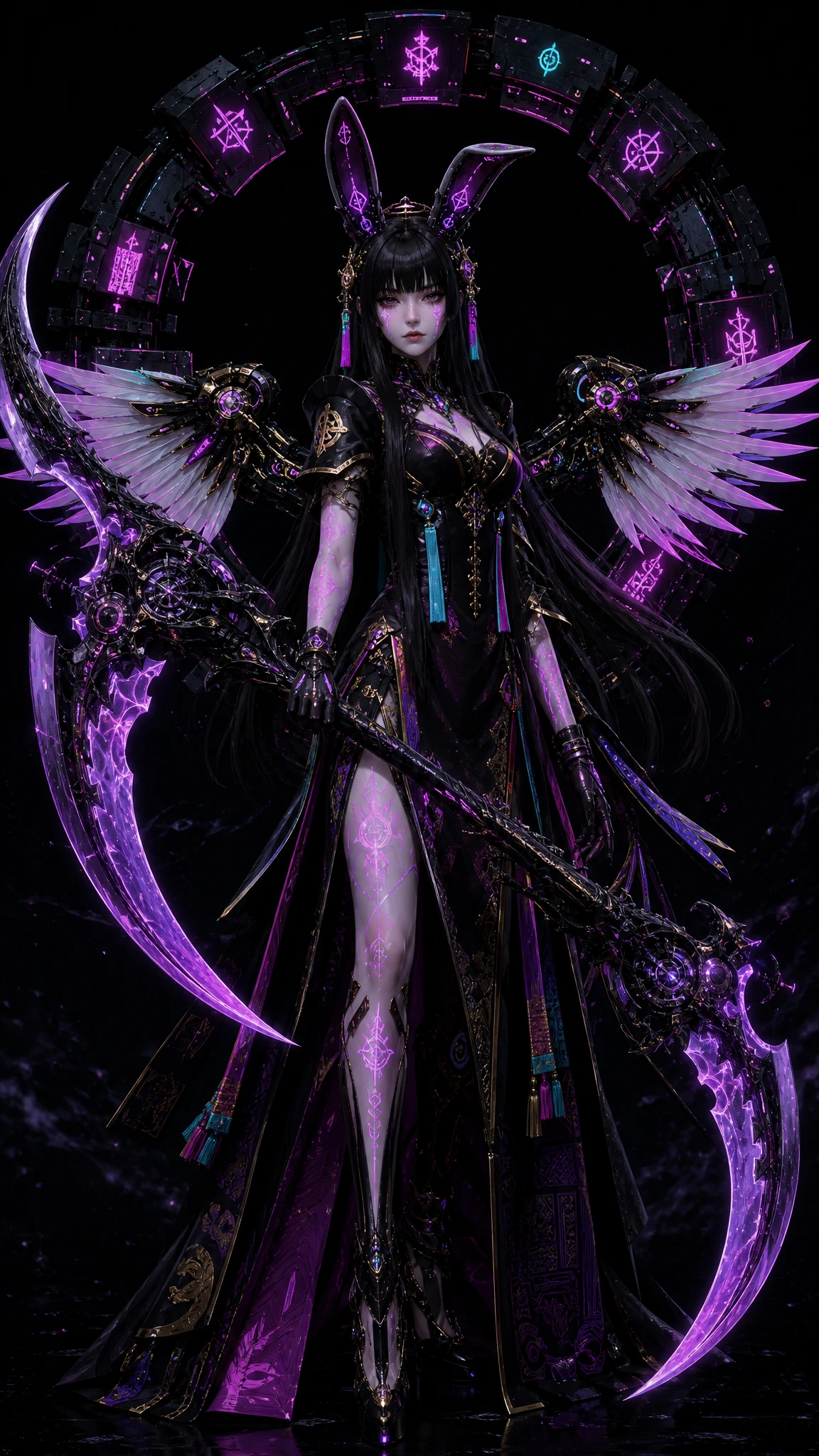 Young maiden with cybernetic scythe in dark void