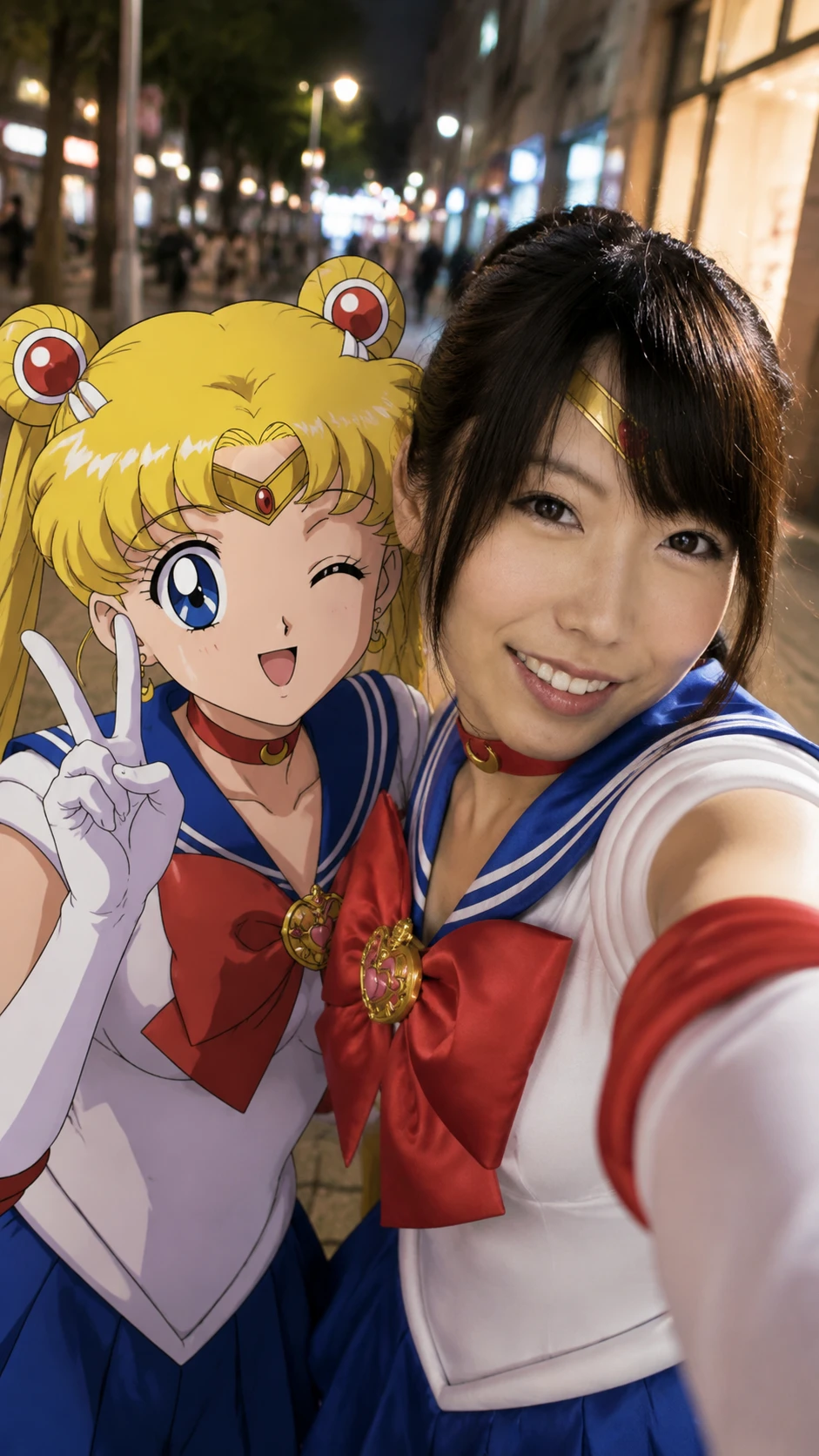 Cosplayer Taking A Selfie With 2D Anime Friend At Night