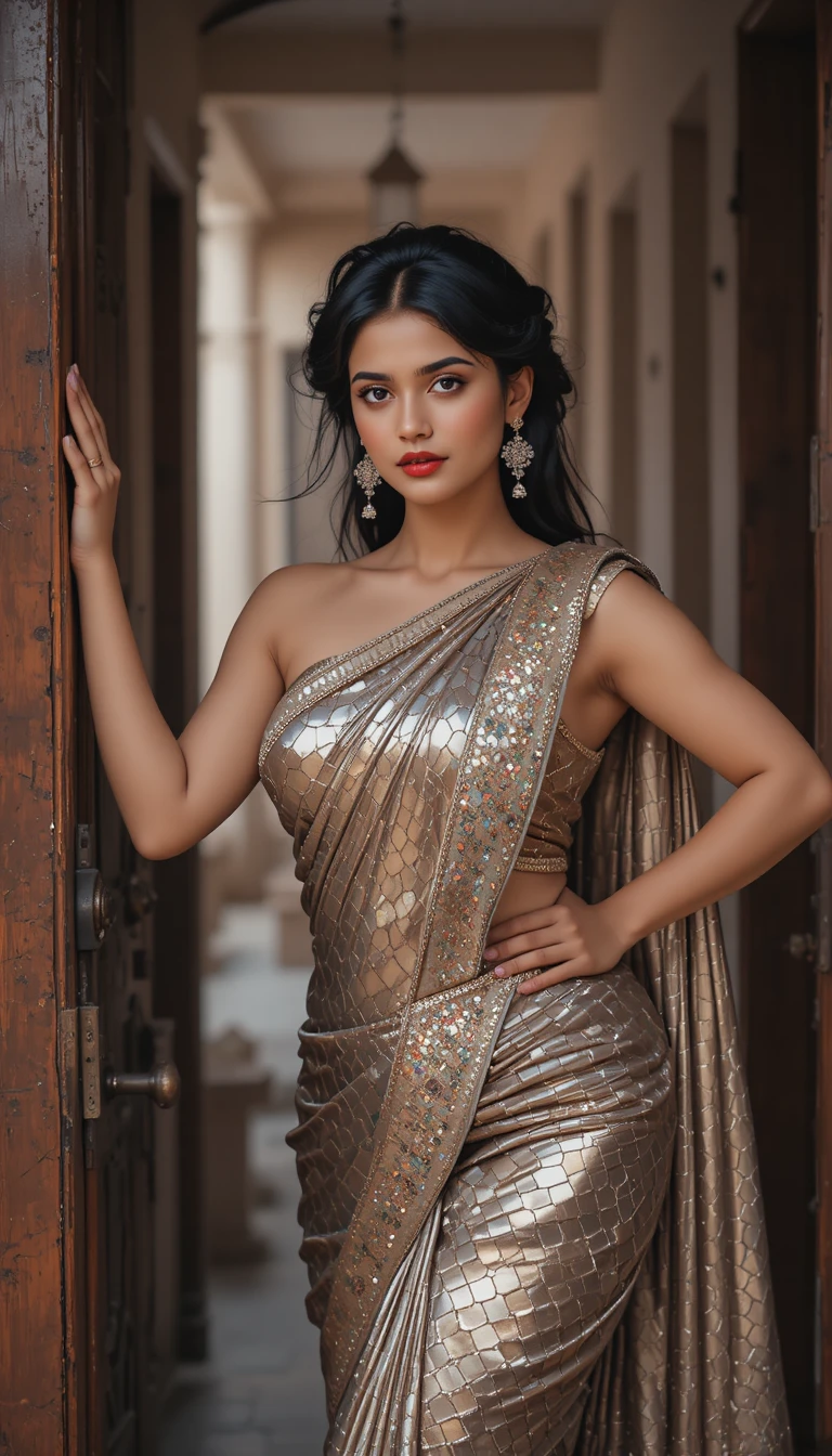 Tamil woman in glossy saree leaning by wooden doorway