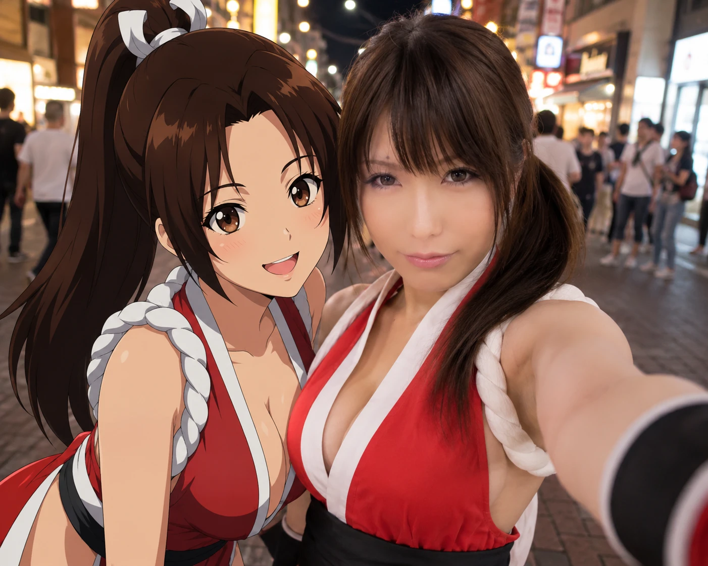 Cosplayer Taking A Selfie With Anime Character At Night