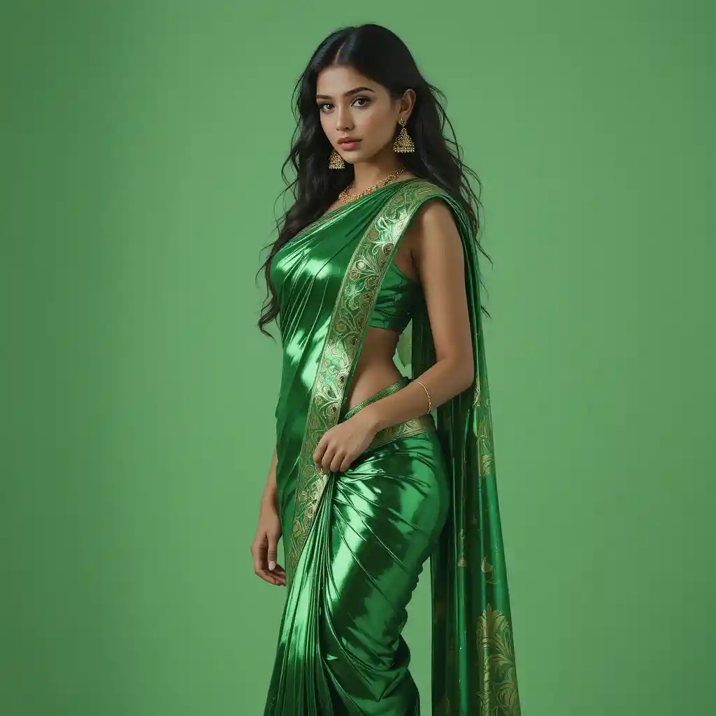 Chubby woman in sleeveless saree with visible navel posing