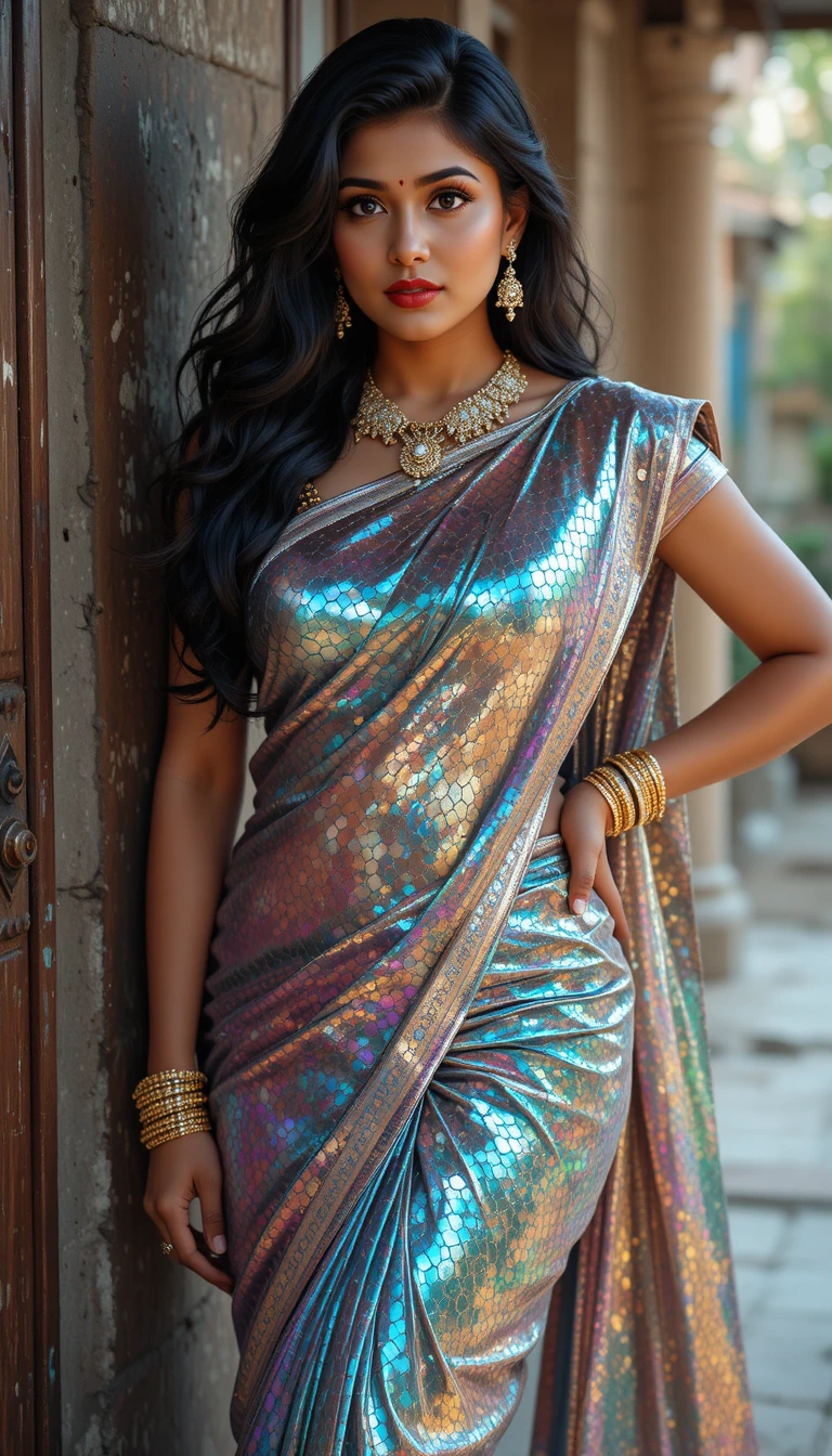 Indian woman in glossy mirror saree leaning against wall