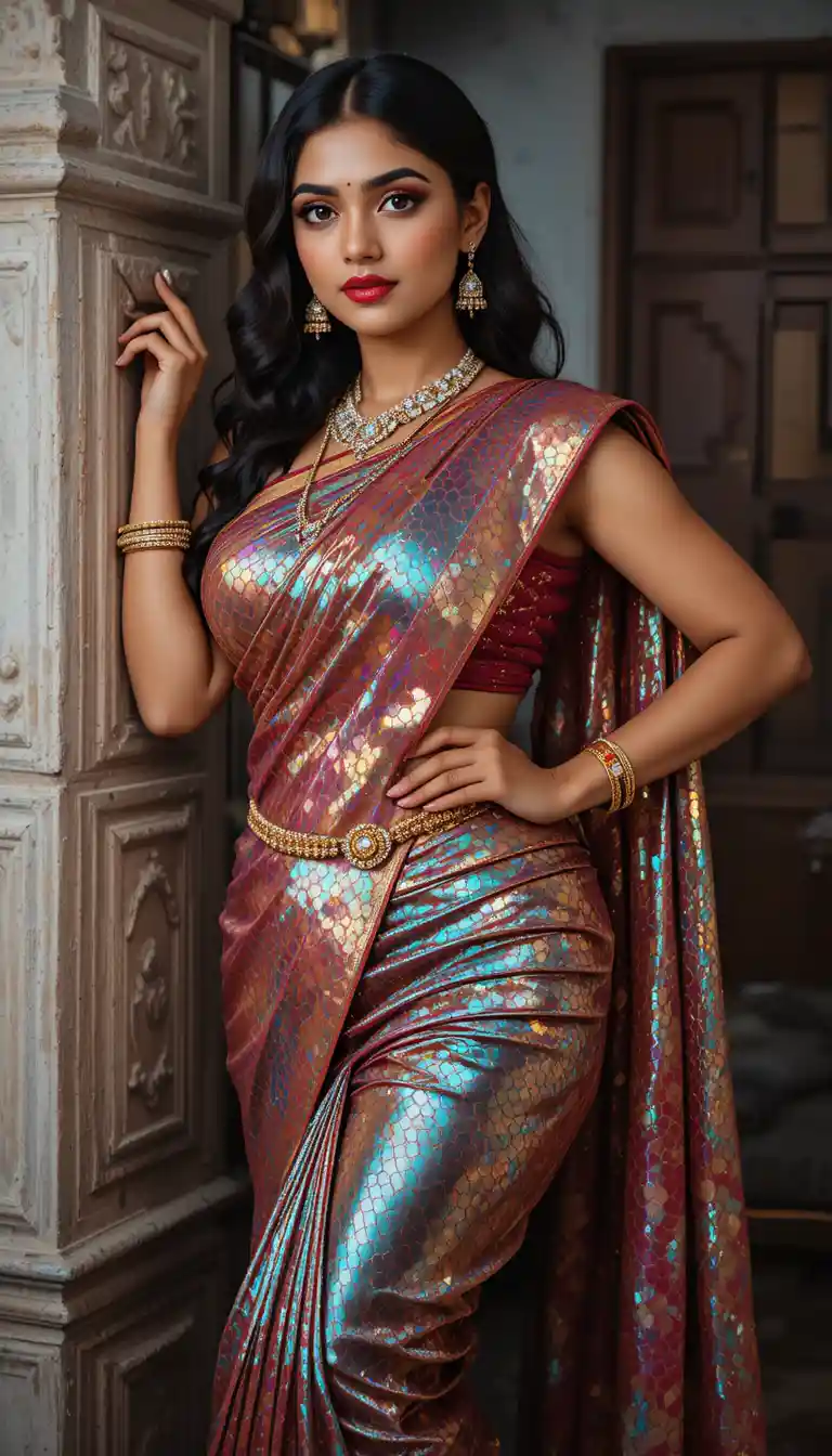 Tamil woman in glossy mirror saree leaning indoors