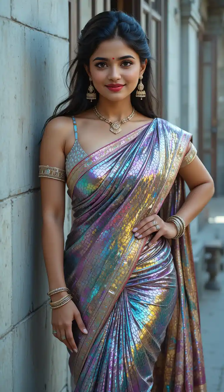 Indian woman in glossy mirror saree showing midriff