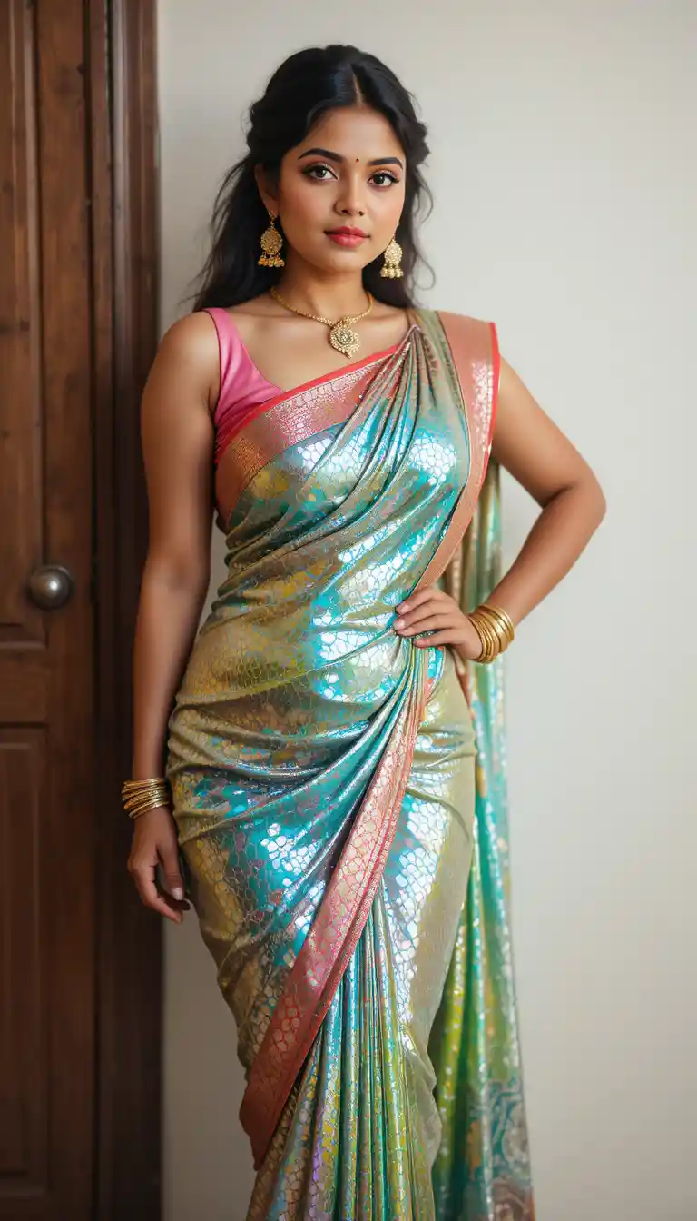 Tamil woman in glossy zebra saree leaning indoors