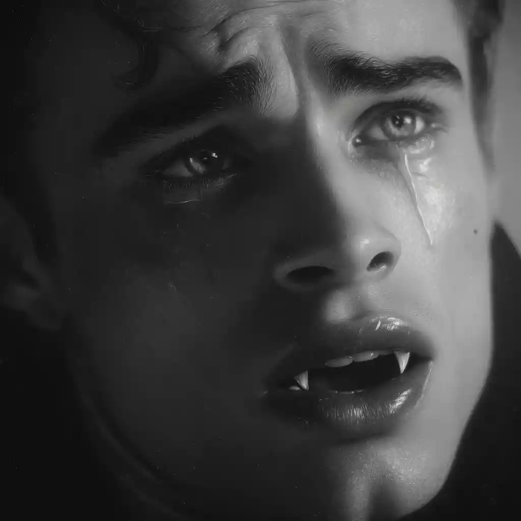 Melancholic vampire close up in vintage black and white